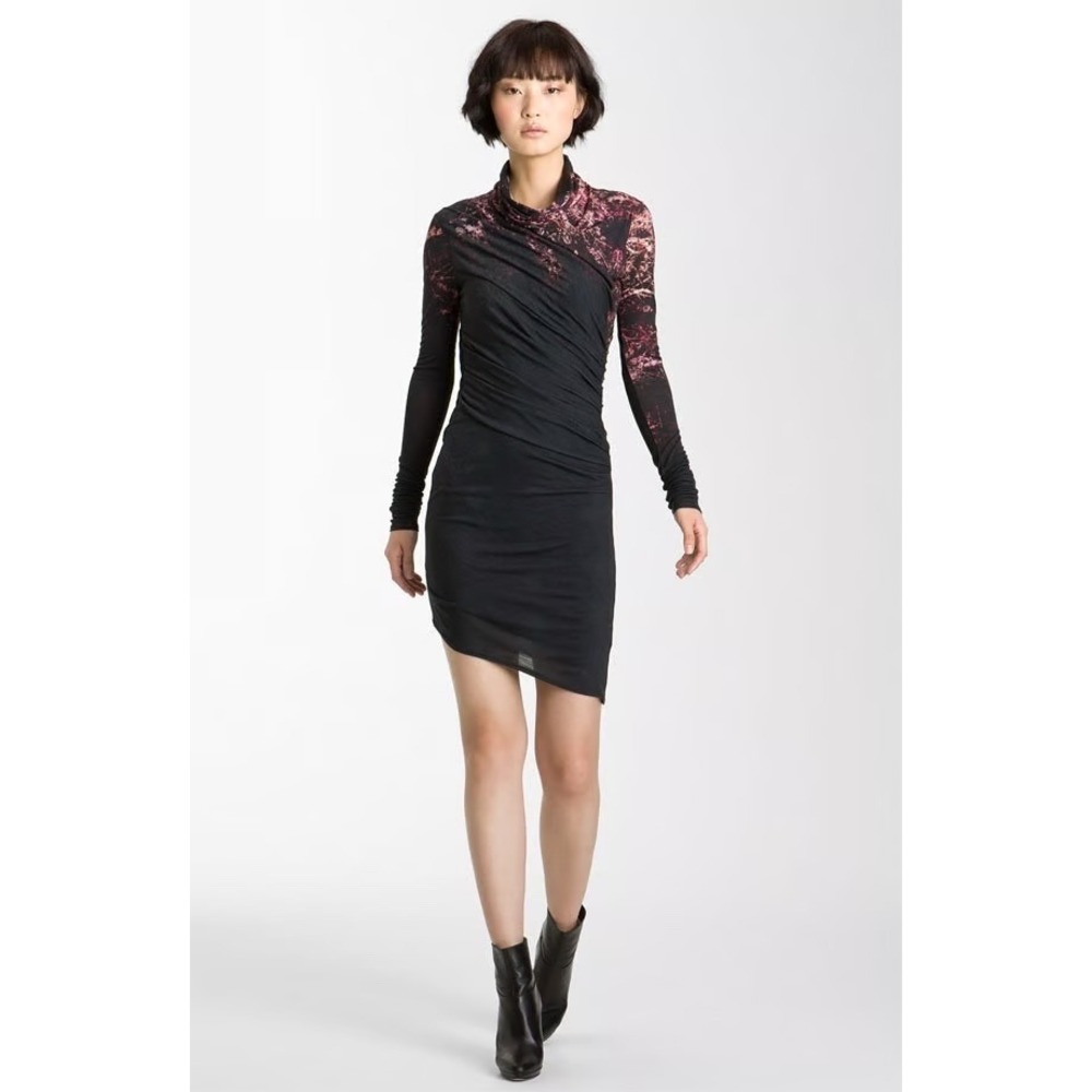 Helmut Lang Crimson Wool Blend Long Sleeve Turtleneck Asymmetric Hem Dress‎ - S
